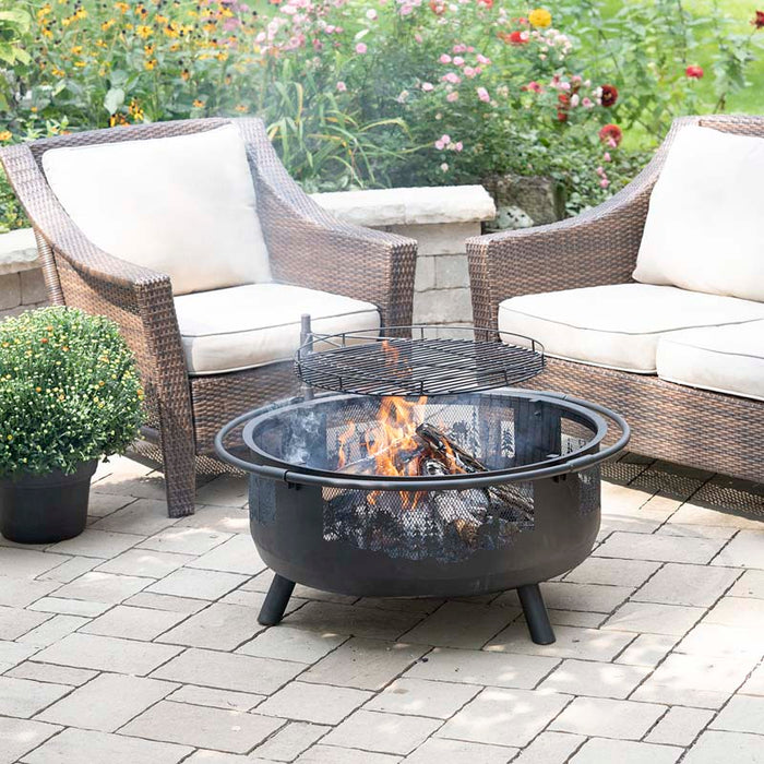 Blue Sky Outdoor Living WBFB36SG-MD | 36" Extra Large Round Barrel Fire Pit with Swing Away Grill