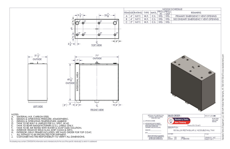 500 Gallon Steel Double Wall Tank Drawing