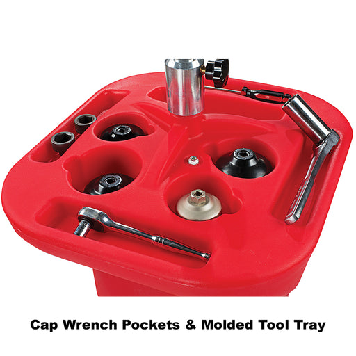 Deluxe Portable Oil Drain with Cap Wrench Pockets & Molded Tool Tray