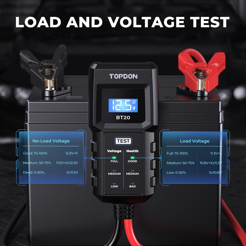 BT20 | Battery Load/Voltage Tester, Cranking & Charging Test w/App | TOPDON