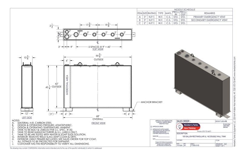 105 Gallon Steel Double Wall Tank Drawing