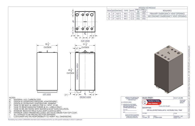 200 Gallon Steel Double Wall Tank Drawing