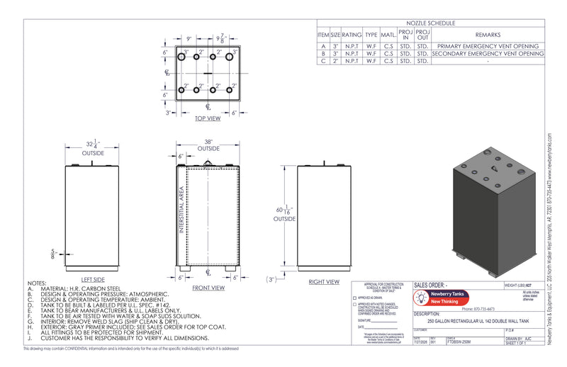 250 Gallon Steel Double Wall Tank Drawing