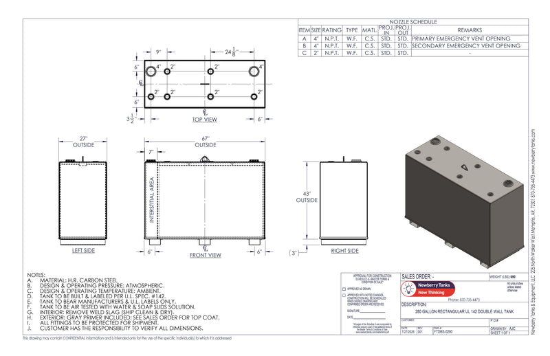 280 Gallon Steel Double Wall Tank Drawing