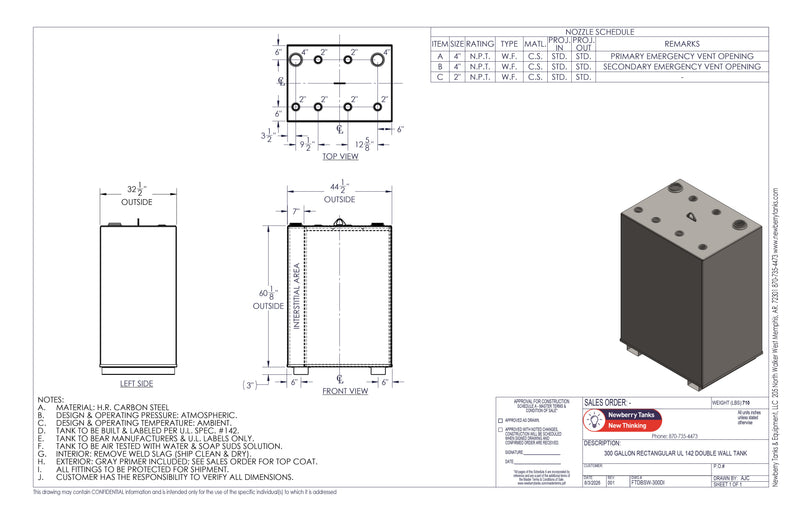 300 Gallon Steel Double Wall Tank Drawing
