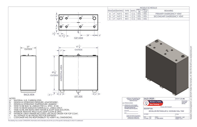 400 Gallon Steel Double Wall Tank Drawing