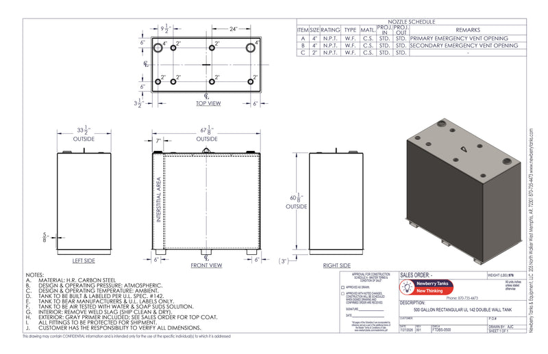 500 Gallon Steel Double Wall Tank Drawing