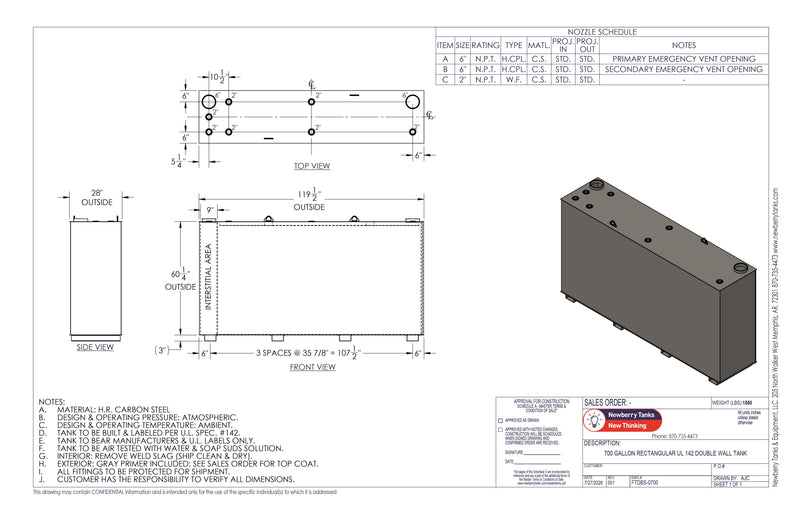 700 Gallon Steel Double Wall Tank Drawing