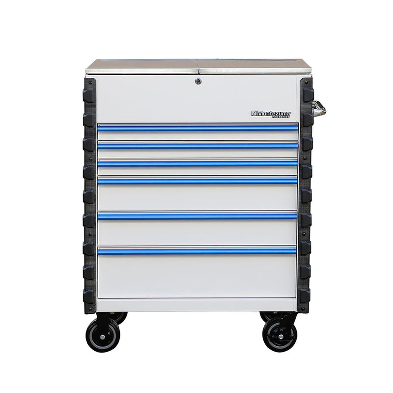 Montezuma MPMC36WBL6 |  Pro Series 36" Mechanics Cart in Gloss White, Blue Trim