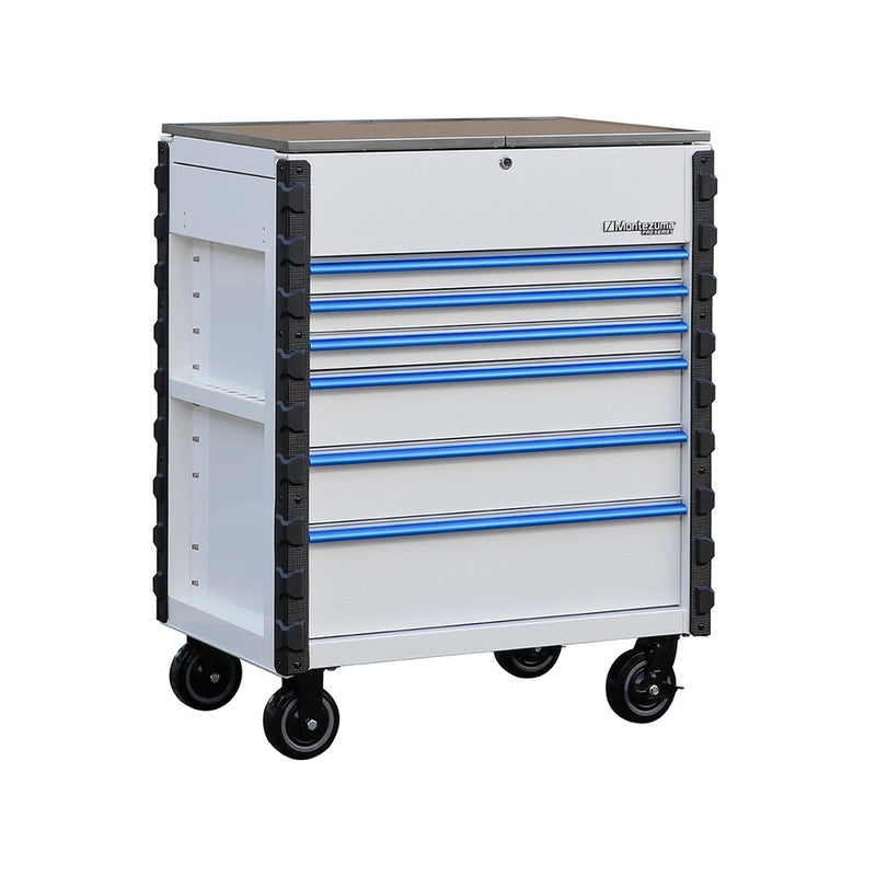 Montezuma MPMC36WBL6 |  Pro Series 36" Mechanics Cart in Gloss White, Blue Trim