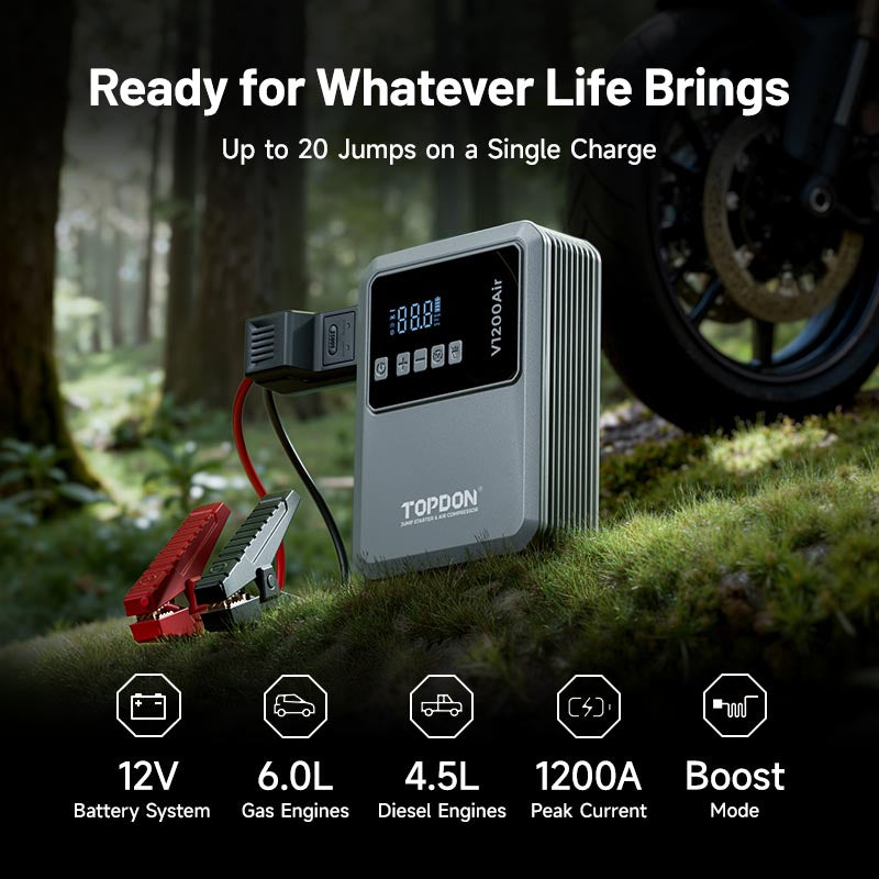 V1200 Air | 2-in-1 1200 Peak Amp Jump Starter & Tire Inflator | TOPDON