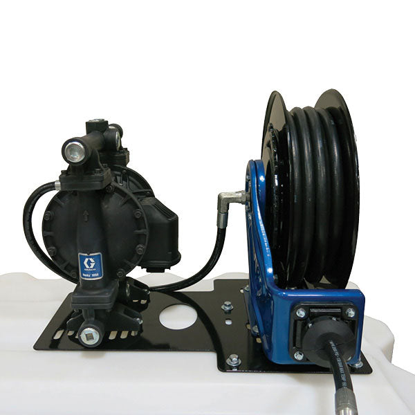 Mounted Diaphragm Pump and Hose Reel Plate on a large Tote-A-Lube Tank