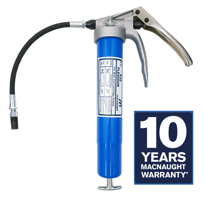 Macnaught Heavy Duty Pistol Grip Grease Gun with 10 Yr Warranty, Bulk fillable or 14oz. cartridge. 1/8 NPT Flex Connection x 12″ long, KY Supergrip three-jaw high-pressure coupler. No leak connection