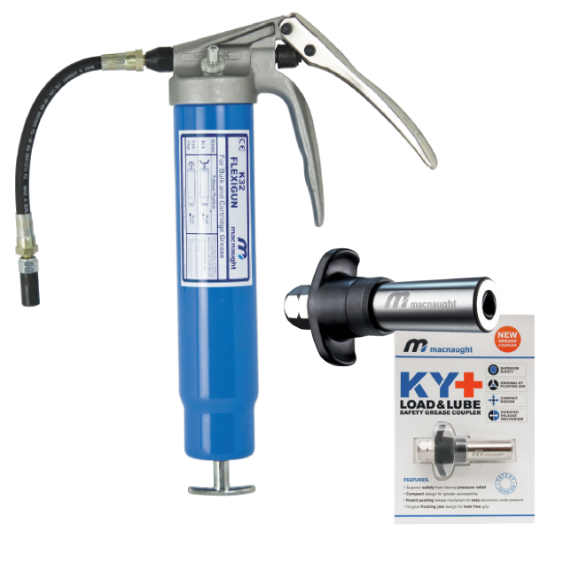 Macnaught Manual Heavy Duty Grease Gun – Flexigun & KY+ Safety Grease Coupler Combo Package - PN# K32/KYP NPT