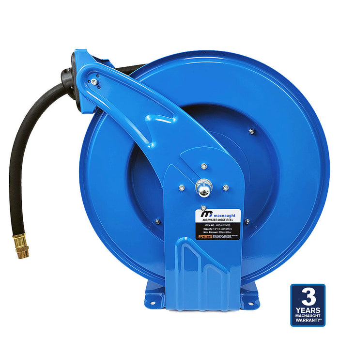 Retractable M3 Industrial Grade Air Water Hose Reel, Standard Retraction 1/2” x 50 ft – 3 Years Warranty