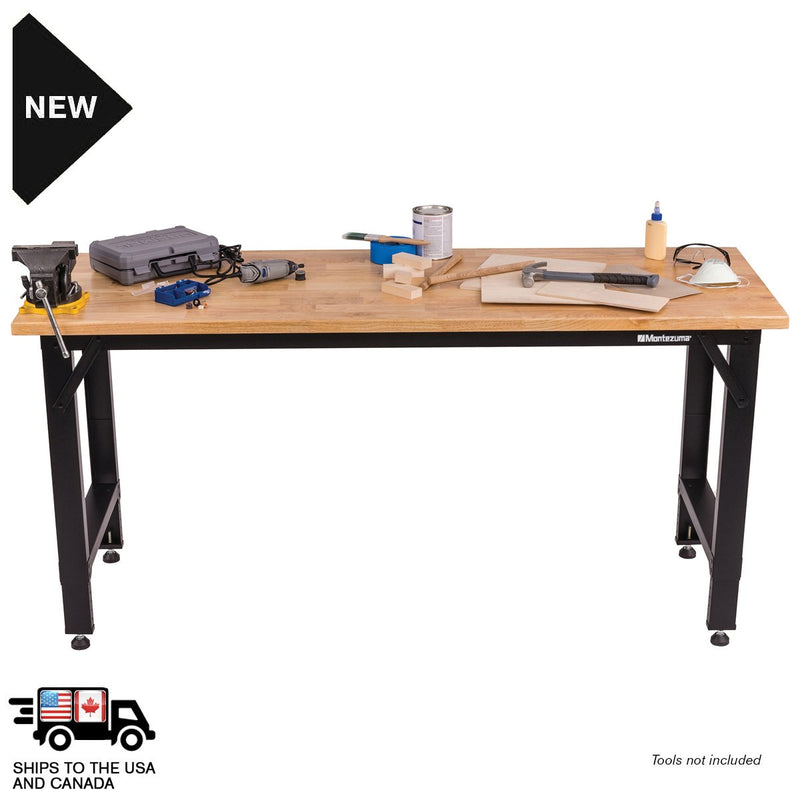 Montezuma MWB722430B | 6 ft. Adjustable Height Steel Workbench with Solid Wood Work Top