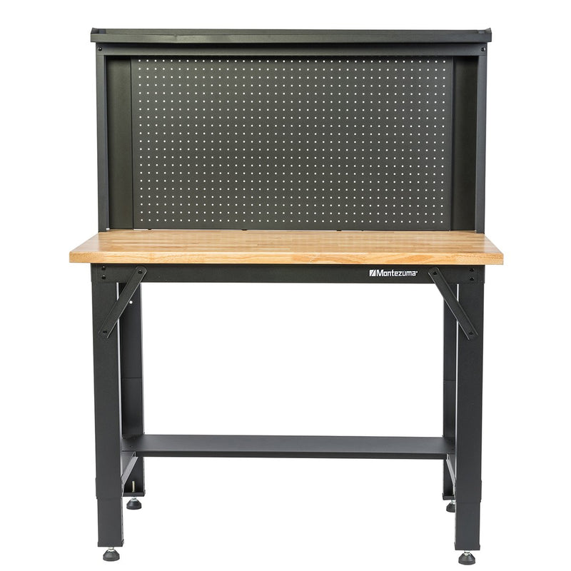 Montezuma MWB482454B | 4 ft. Adjustable Height Steel Workbench with Pegboard Back Wall
