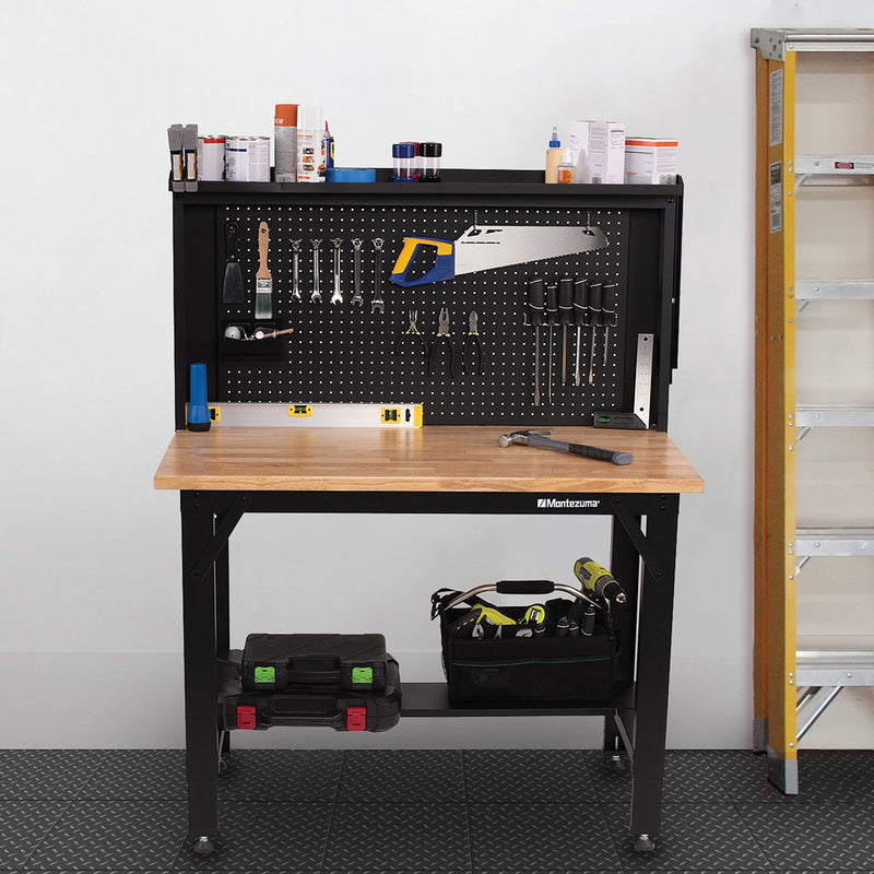 Montezuma MWB482454B | 4 ft. Adjustable Height Steel Workbench with Pegboard Back Wall