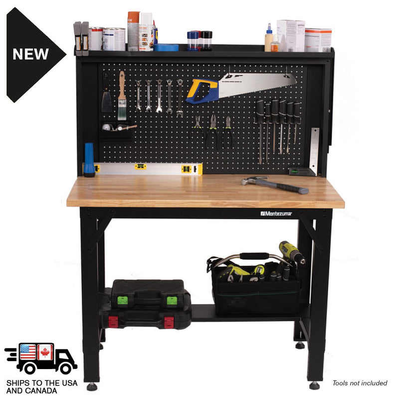 Montezuma MWB482454B | 4 ft. Adjustable Height Steel Workbench with Pegboard Back Wall