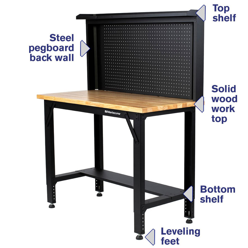 Montezuma MWB482454B | 4 ft. Adjustable Height Steel Workbench with Pegboard Back Wall