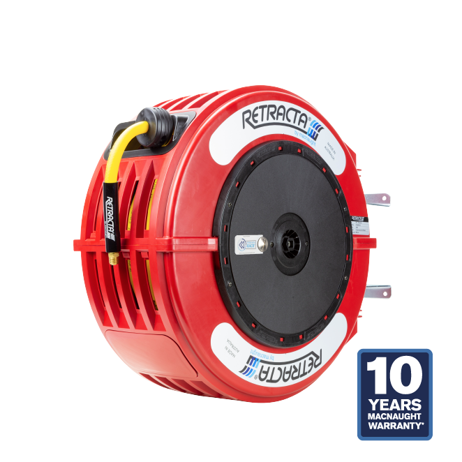 Macnaught Retractable Hose Reel for Air or Water with 3/8” x 65 ft Hose – Red Case - 10 Years Warranty