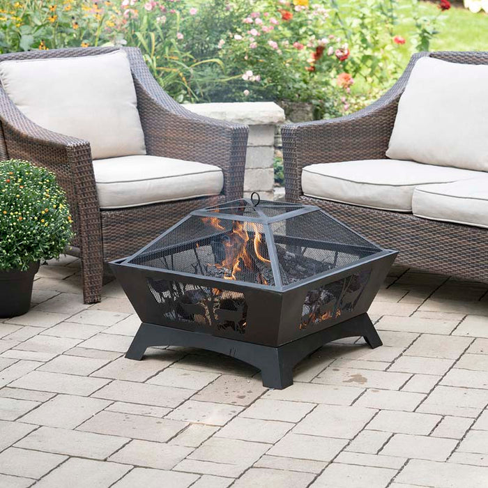 28" Square Fire Pit with Decorative Steel Base