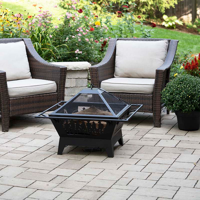 31" Square Fire Pit with Decorative Steel Base